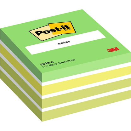 Uma pilha de blocos de notas Post-it® verde e amarelo (76 mm x 76 mm, 450 folhas/bloco, 100% PEFC) da 3M Deutschland GmbH, com o logotipo Post-it e informações do produto na embalagem.