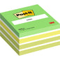 Ein Stapel grüner und gelber Post-it® Haftnotizen Würfel (76 mm x 76 mm, 450 Blatt/Block, 100% PEFC) der 3M Deutschland GmbH, mit dem Post-it Logo und Produktangaben auf der Verpackung.