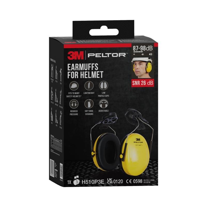 O protetor auditivo com cápsula 3M™ PELTOR™ Optime™ I para capacete H510P3E (SNR 26 dB, amarelo, 1 unidade) da 3M Deutschland GmbH oferece um ajuste leve, ajustável e almofadas macias para alto conforto de uso.