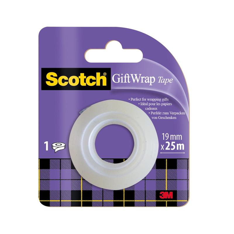 A 3M Deutschland GmbH Scotch® fita adesiva de cetim para embrulho de presente, recarga, 1 rolo (19 mm x 25 m), em design xadrez roxo-preto com informações em inglês, francês e alemão - perfeito para embrulhar presentes.