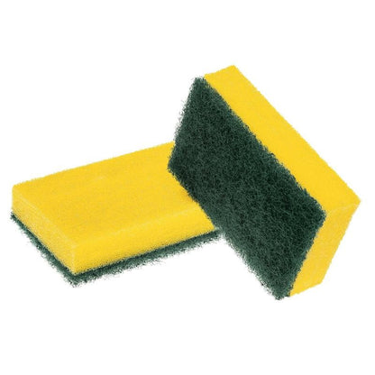 Seis esponjas de limpeza Scotch-Brite® Classic XXL da 3M Deutschland GmbH, cada uma com base de espuma amarela e esponja de esfregar verde - ideal para tarefas de limpeza ásperas e suaves em qualquer lar. A embalagem contém 6 unidades.
