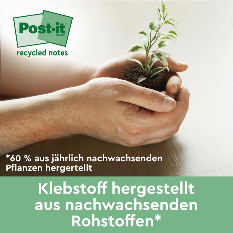 Uma pessoa segura uma pequena planta com terra, ao lado um texto em alemão que promove as Post-it® Recycling Notes (38 mm x 51 mm, 100 folhas/bloco, 100% PEFC) da 3M Deutschland GmbH e destaca o adesivo feito de matérias-primas renováveis anualmente.