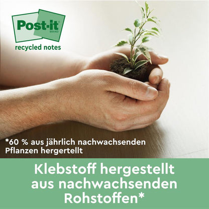 Uma pessoa segura uma pequena planta com terra, ao lado um texto em alemão que promove as Post-it® Recycling Notes (38 mm x 51 mm, 100 folhas/bloco, 100% PEFC) da 3M Deutschland GmbH e destaca o adesivo feito de matérias-primas renováveis anualmente.