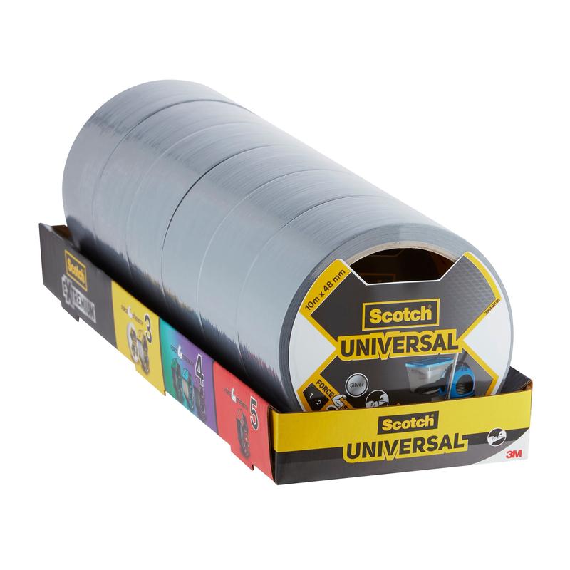 Um display de embalagem de fita adesiva universal Scotch® 2904 (10 m x 48 mm) da 3M Deutschland GmbH mostra vários rolos cinza. Na embalagem preto-amarelo-vermelha, os logotipos da Scotch e 3M são bem visíveis.