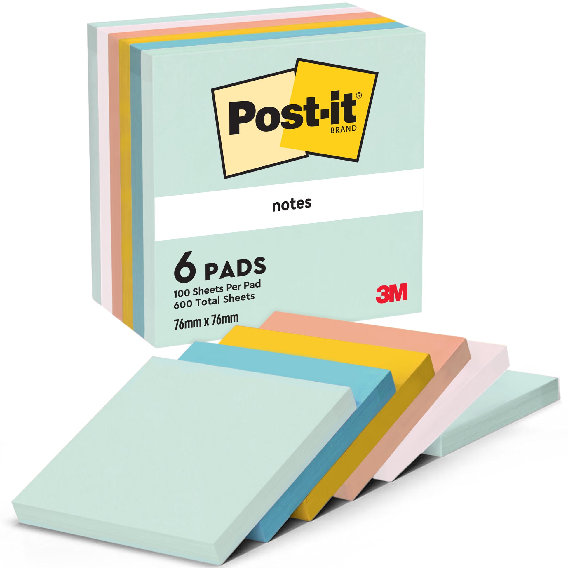 Sechs Blöcke Post-it® Notes (76mm x 76mm, je 100 Blatt, 600 Blatt gesamt) von 3M Deutschland GmbH sind in verschiedenen Pastellfarben aufgefächert. Die Verpackung enthält den Hinweis "100 Blatt/Block, 100% PEFC" und zeigt das 3M-Logo.
