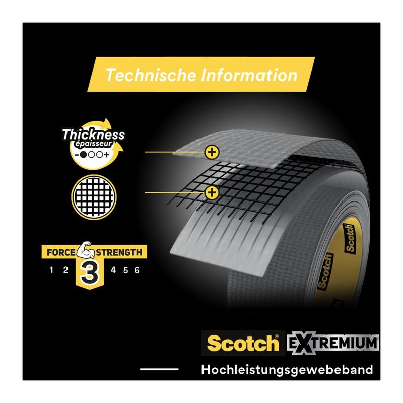 Um gráfico mostra um rolo de fita adesiva Scotch® Universal 2904 (10 m x 48 mm) da 3M Deutschland GmbH com a estrutura de grade, a indicação da espessura e o nível de resistência 3, além do texto "Informação Técnica" e "Fita Adesiva Universal".