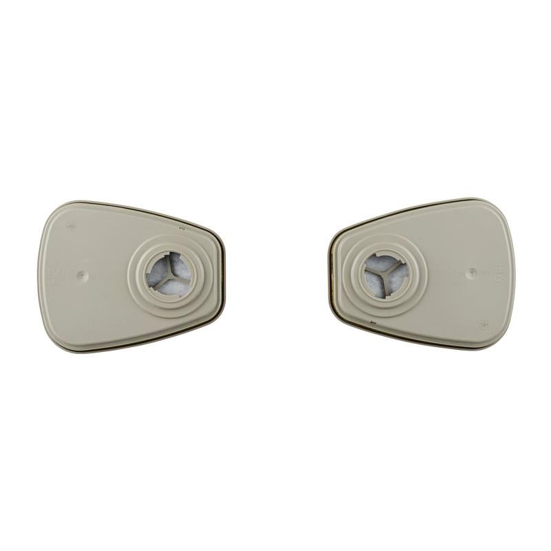 Dois cartuchos de filtro 3M™ 6059 ABEK1 idênticos (1 par/pacote, 3M Deutschland GmbH) com aberturas circulares centrais estão lado a lado sobre um fundo branco, adequados para máscaras de proteção respiratória.