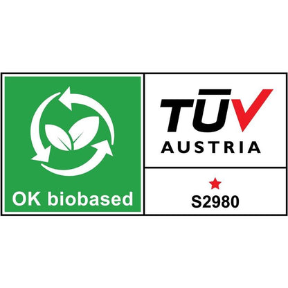 Uma etiqueta de certificação retangular para o distribuidor de mesa Scotch™ C18 + fita adesiva invisível Scotch® Magic™ da 3M Deutschland GmbH mostra uma caixa verde com folhas e setas circulares, o texto "OK biobased", o logotipo TUV AUSTRIA, uma estrela vermelha e o código S2980.