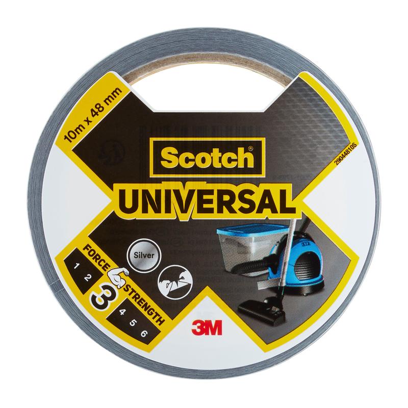 Um rolo de fita adesiva Scotch® Universal 2904 da 3M Deutschland GmbH com dimensões de 10 m x 48 mm e classe de resistência 3/6. A embalagem exibe a marca do produto e uma imagem de aspirador de pó.