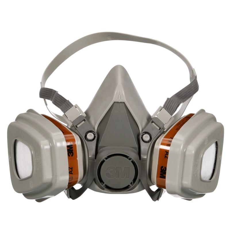 A máscara de proteção respiratória 3M™ 6002KIT-1 da 3M Deutschland GmbH com filtros A2P2 para vapores orgânicos e tiras ajustáveis é apresentada em cinza, fornecida como um pacote (1 peça) com filtros substituíveis.