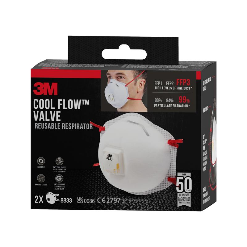 Uma caixa de máscara de partículas 3M™ Cool Flow™ 8833, FFP3, com válvula (pacote de 2) da 3M Deutschland GmbH. Mostra a máscara e um usuário; protege com filtração FFP1, FFP2 & FFP3 para até 50 usos por máscara.