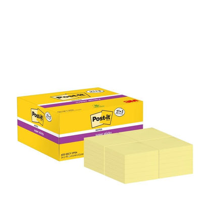 Uma caixa amarela de notas adesivas Post-it® Super Sticky, Amarelo, 47,6 x 47,6 mm da 3M Deutschland GmbH, contém 21 blocos mais 3 blocos grátis com 90 folhas cada. Feito de papel 100% certificado PEFC para força adesiva adicional (SGSCH-PEFC-COC-110078).