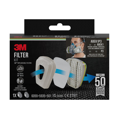 Der 3M™ Filtersatz 6004-1SP, ABEK1P3 Kombinationsfilter (2x6059, 2x5935, 2x501) von 3M Deutschland GmbH wird in einer Schachtel mit Produktinformationen, einem Filterdiagramm und einem Bild einer Person mit Atemschutz geliefert.