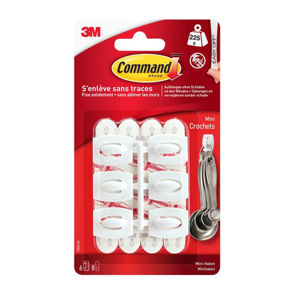 O Command™ Mini-Haken, 17006 da 3M Deutschland GmbH contém seis ganchos brancos com tiras adesivas para pendurar sem danificar e sem furar. Removível sem deixar resíduos; entregue em embalagem vermelho-branca.