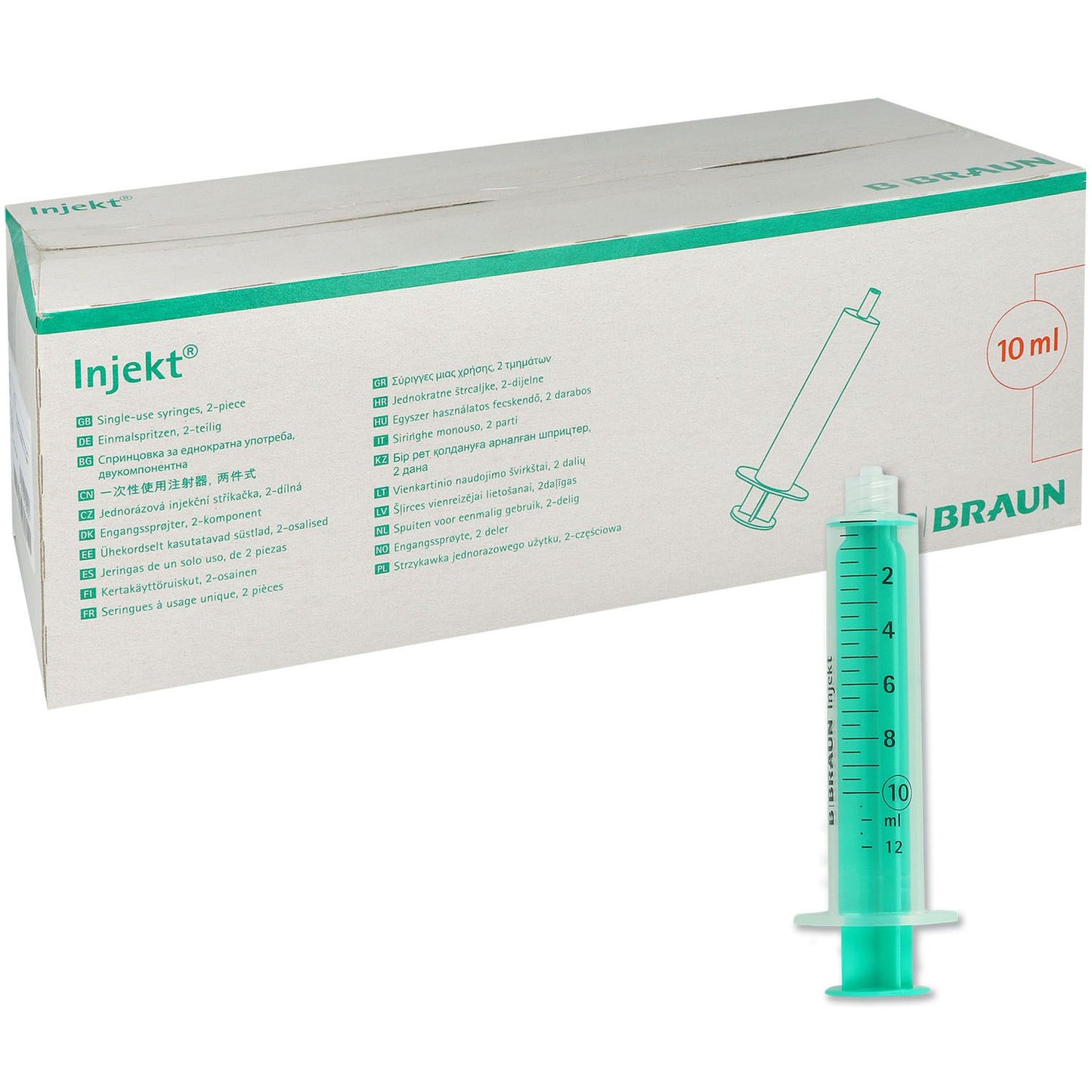 É mostrada uma caixa com a inscrição "B. Braun Injekt Solo Seringa, 10ml Luer-conexão, excêntrica | Embalagem (100 peças)", na frente da qual está uma única seringa verde com linhas de medição e um êmbolo transparente.