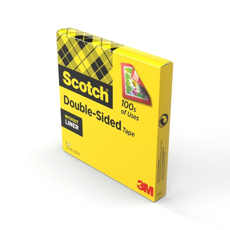 Uma caixa amarela de fita adesiva dupla face Scotch® (1 rolo, 12 mm x 33 m) da 3M Deutschland GmbH é decorada com letras pretas, um design quadriculado, uma ilustração de montagem e as indicações "100s of Uses" e "Without Liner".