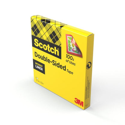 Uma caixa amarela de fita adesiva dupla face Scotch® (1 rolo, 12 mm x 33 m) da 3M Deutschland GmbH é decorada com letras pretas, um design quadriculado, uma ilustração de montagem e as indicações "100s of Uses" e "Without Liner".