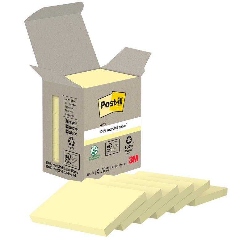 Uma caixa aberta de Post-it® Recycling Notes (38 mm x 51 mm, 100 folhas/bloco, 100% PEFC) da 3M Deutschland GmbH mostra cinco blocos amarelos, parcialmente puxados para fora. Na caixa estão o logotipo da 3M e símbolos de reciclagem.