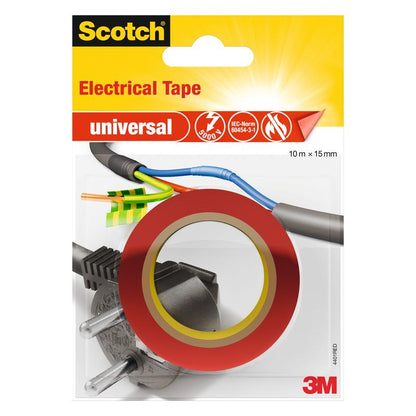 Uma embalagem de fita isolante universal Scotch®, 10 m x 15 mm (1 rolo), da 3M Deutschland GmbH, com fita adesiva vermelha sobre uma ficha de rede e cabos expostos. Os logotipos da Scotch e da 3M estão exibidos na embalagem.