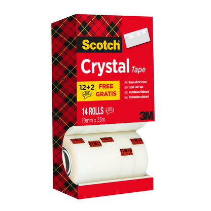 Eine Schachtel Scotch® Crystal Klebeband Vorteilspack (14 Rollen, 19mm x 33m) von 3M Deutschland GmbH. Die Verpackung trägt die Aufschrift "12+2 Free" und zeigt ein rot-kariertes Design, wobei einige Rollen teilweise sichtbar sind.