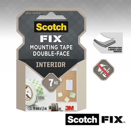 Embalagem de fita de montagem interna dupla face Scotch-FIX™ da 3M Deutschland GmbH para uso interno, tamanho 19 mm x 1,5 m, suporta até 7 kg. Mostra imagens da fita, exemplos de aplicação, características e exibe os logotipos da Scotch e 3M.