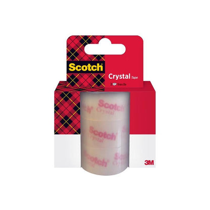 Um pacote de 3 rolos de fita adesiva Scotch® Crystal 6-1925R3 (19 mm x 25 m) da 3M Deutschland GmbH, em uma caixa xadrez vermelha e preta com a marca Scotch e informações do produto.