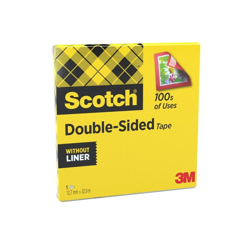Uma caixa amarela de fita adesiva dupla face Scotch® da 3M Deutschland GmbH, 1 rolo (12 mm x 33 m), com padrão quadriculado, etiquetas "100s of Uses", "Without Liner" e a imagem de uma flor sendo colada.