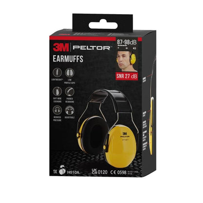 Caixa com protetor auricular 3M™ PELTOR™ Optime™ I H510A, SNR 27 dB, amarelo (1 peça), da 3M Deutschland GmbH com imagem do protetor auditivo e foto de uso na embalagem.