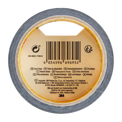 Um rolo de fita adesiva Scotch® Universal 2904, 10 m x 48 mm da 3M Deutschland GmbH, visto de cima com código de barras, informações do produto em várias línguas e dados do fabricante no rótulo interno.