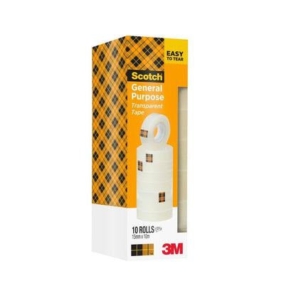 Um pacote com 10 rolos de Fita Adesiva Transparente Scotch® 508 (15 mm x 10 m) da 3M Deutschland GmbH é entregue em uma caixa de papelão amarela quadriculada com o adesivo "Fácil de Rasgar".