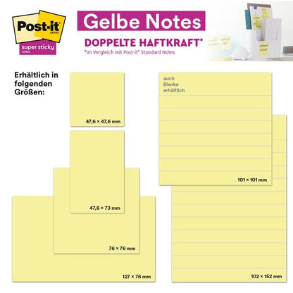 Um gráfico mostra notas Post-it® 3M da 3M Deutschland GmbH em vários tamanhos, incluindo 76 × 76 mm, com a embalagem ao fundo. As notas de 76 × 76 mm têm 100 folhas por bloco e são feitas de papel certificado 100% PEFC.