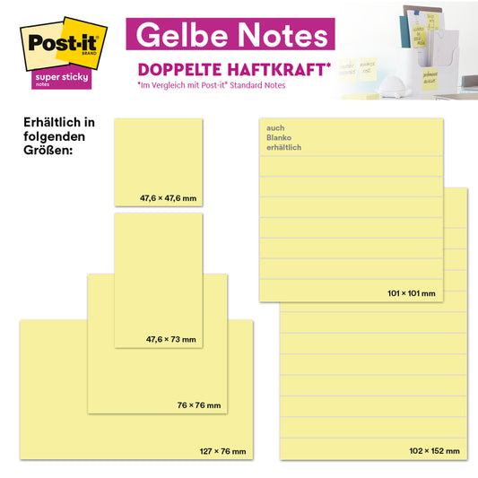 Eine Grafik zeigt 3M Post-it® Super Sticky Notes, Gelb, 76 mm x 127 mm, mit einem stärkeren Klebstoff. Jede Packung enthält 24 Blöcke mit je 90 Blatt in leuchtendem Gelb und wird in einem PEFC-zertifizierten Karton der 3M Deutschland GmbH geliefert.