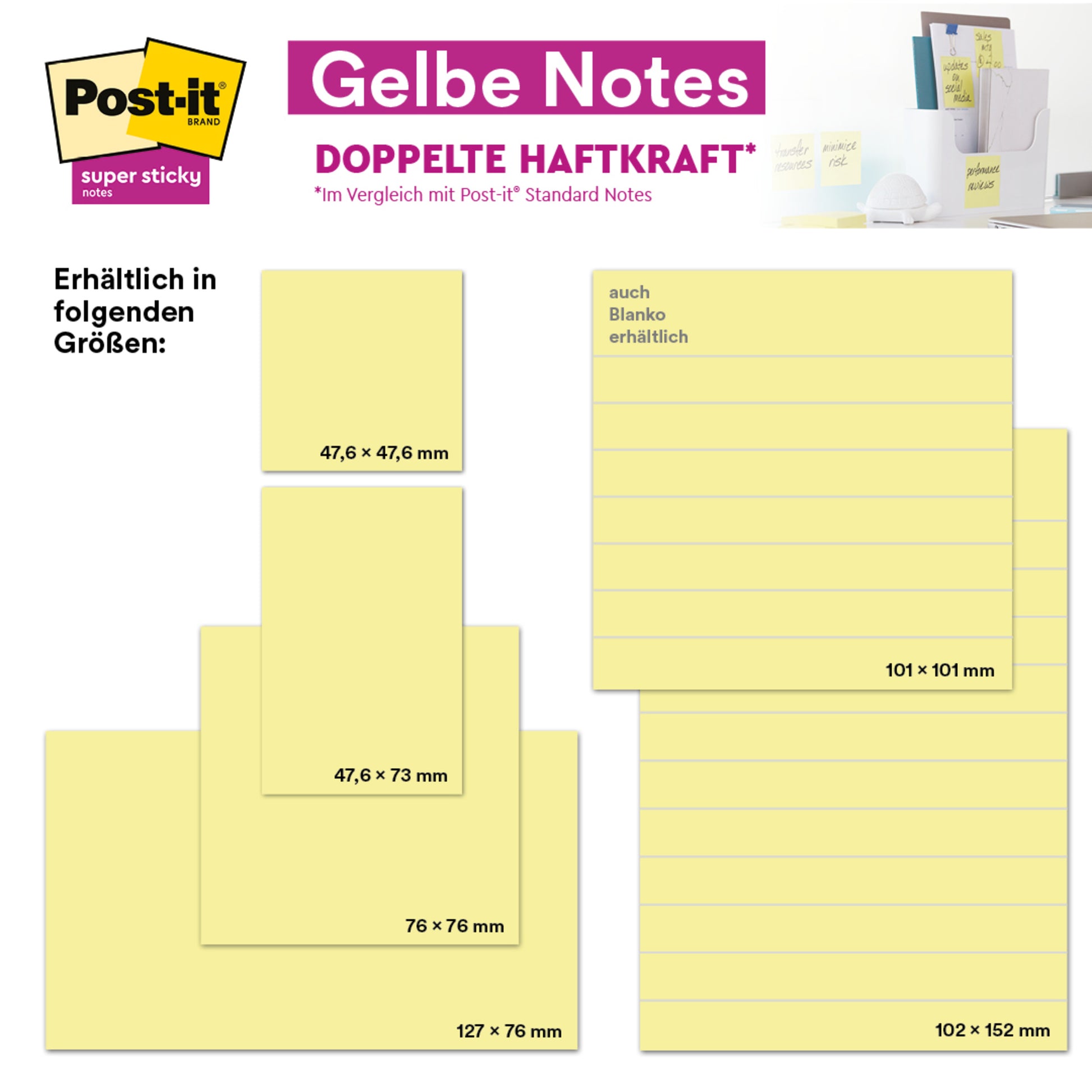Ein Produktdisplay für die Post-it® Notes im Großformat, Gelb, 101 mm x 152 mm der 3M Deutschland GmbH, das die großen gelben Haftnotizen mit Verpackung zeigt.