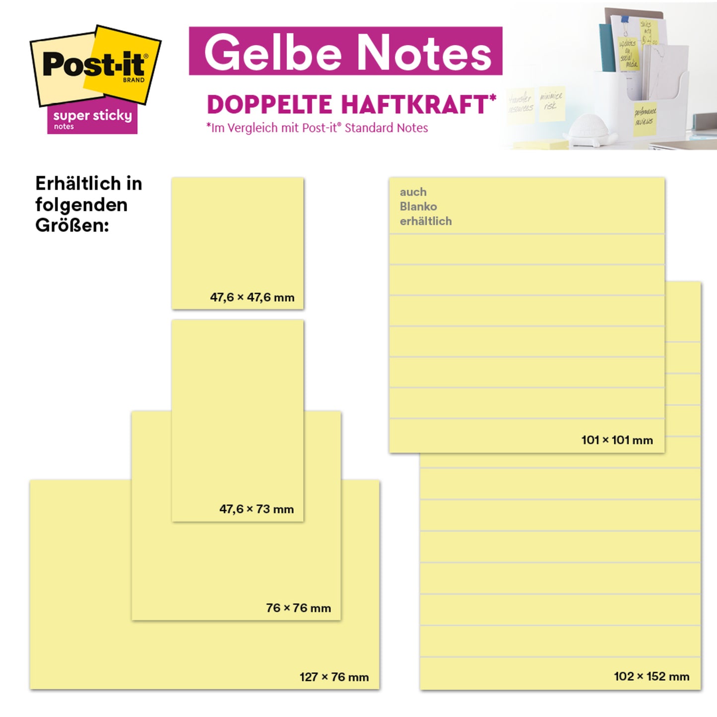 Publicidade para Notas Post-it® em amarelo da 3M Deutschland GmbH: 38 x 51 mm, 100 folhas/bloco, embalagem com 16 blocos + 4 grátis (Promoção). Feito de papel 100% certificado PEFC (SGSCH-PEFC-COC-110078). Inclui um prático pacote promocional.
