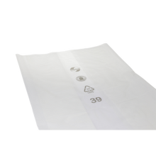 Die transparente Tüte DEISS 99034 der EMIL DEISS KG (GmbH + Co.) im Format 800+500x1700x0,08 mm liegt flach auf einer hellen Fläche und zeigt Recycling-Symbole und die Zahl 39, ideal für die Verpackung mit Karton (50 Stück).