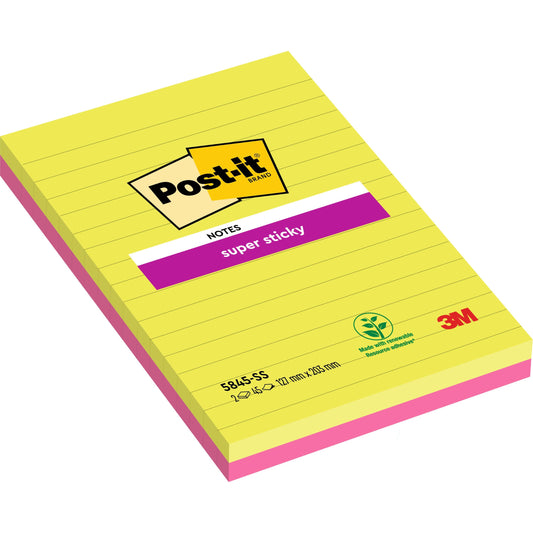 Eine Packung mit zwei großen Post-it® Super Sticky Notes Blöcken von 3M Deutschland GmbH, gefüttert in rosa und grün (127 mm x 203 mm, je 45 Blatt), hergestellt mit pflanzlichem Klebstoff und 100% PEFC-zertifiziert (SGSCH-PEFC-COC-110078).