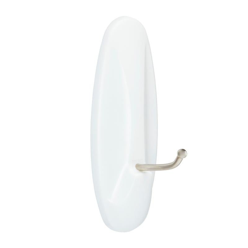 Um gancho de metal prateado (Command™ Large Drahthaken, 17069) da 3M Deutschland GmbH está fixado a uma base oval de plástico branco - ideal como gancho de parede ou gancho sem furar - e é mostrado contra um fundo branco simples.