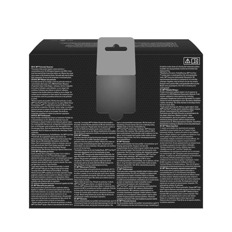 A imagem mostra a parte traseira de uma caixa de válvula da Máscara de Partículas 3M™ Aura™ Comfort Cool Flow™ 9322+ FFP2 da 3M Deutschland GmbH. A caixa preta tem uma aba cinza para pendurar, texto branco multilíngue em colunas e dois símbolos no canto superior direito.