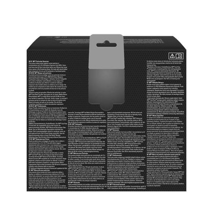 A imagem mostra a parte traseira de uma caixa de válvula da Máscara de Partículas 3M™ Aura™ Comfort Cool Flow™ 9322+ FFP2 da 3M Deutschland GmbH. A caixa preta tem uma aba cinza para pendurar, texto branco multilíngue em colunas e dois símbolos no canto superior direito.