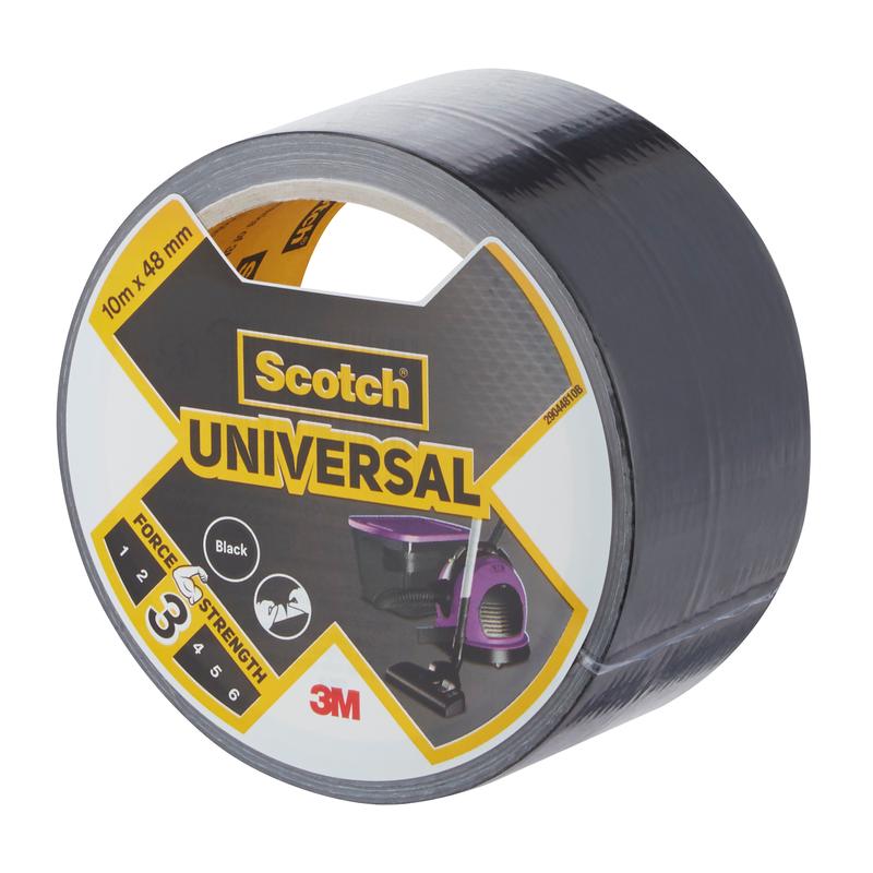 Um rolo de fita adesiva Scotch® Universal 2904 de 10 m x 48 mm da 3M Deutschland GmbH com um rótulo que mostra a marca, o nome do produto e imagens com aplicações típicas.