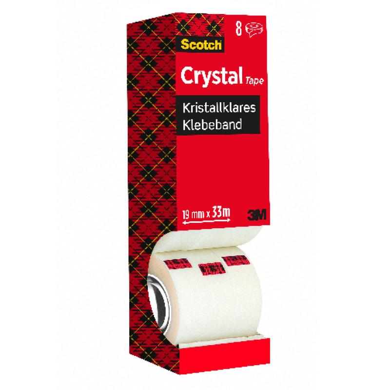 Uma embalagem vantajosa da 3M Deutschland GmbH Scotch® Crystal Fita Adesiva, transparente, contém 8 rolos (19 mm x 33 m), com informações do produto em alemão e inglês em uma embalagem com design xadrez vermelho. Um rolo é parcialmente visível na parte inferior da embalagem.