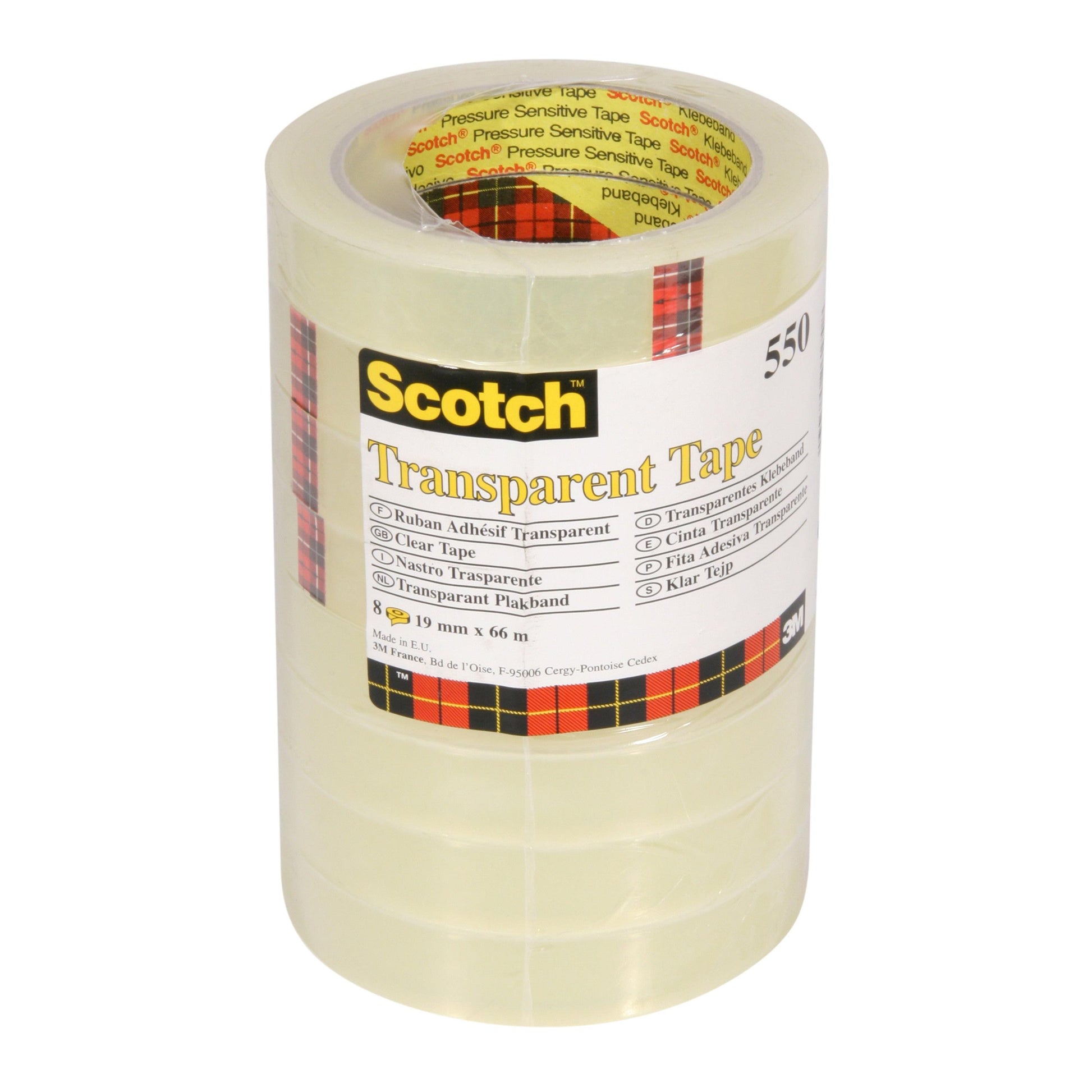 Eine Packung mit 8 Rollen Scotch® Transparentes Klebeband 550 (19 mm x 66 m) der 3M Deutschland GmbH, bestehend aus einem transparenten Klebeband und einem Etikett mit kariertem Design, Produktdetails und mehrsprachigen Informationen.