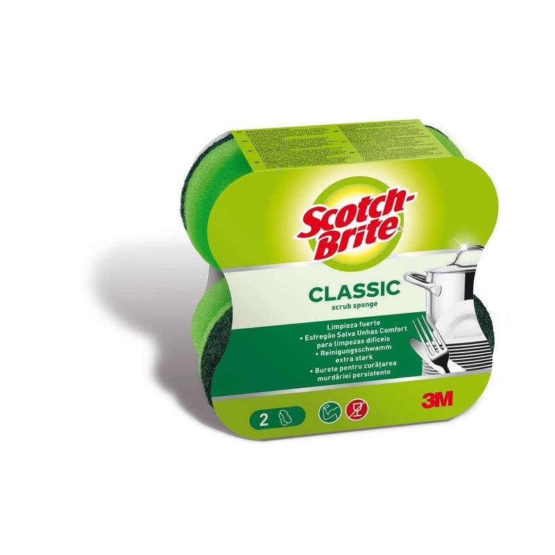 Uma embalagem de esponjas de limpeza Scotch-Brite® Classic da 3M Deutschland GmbH mostra duas esponjas verdes e amarelas, informações do produto em várias línguas e uma imagem de louça limpa.