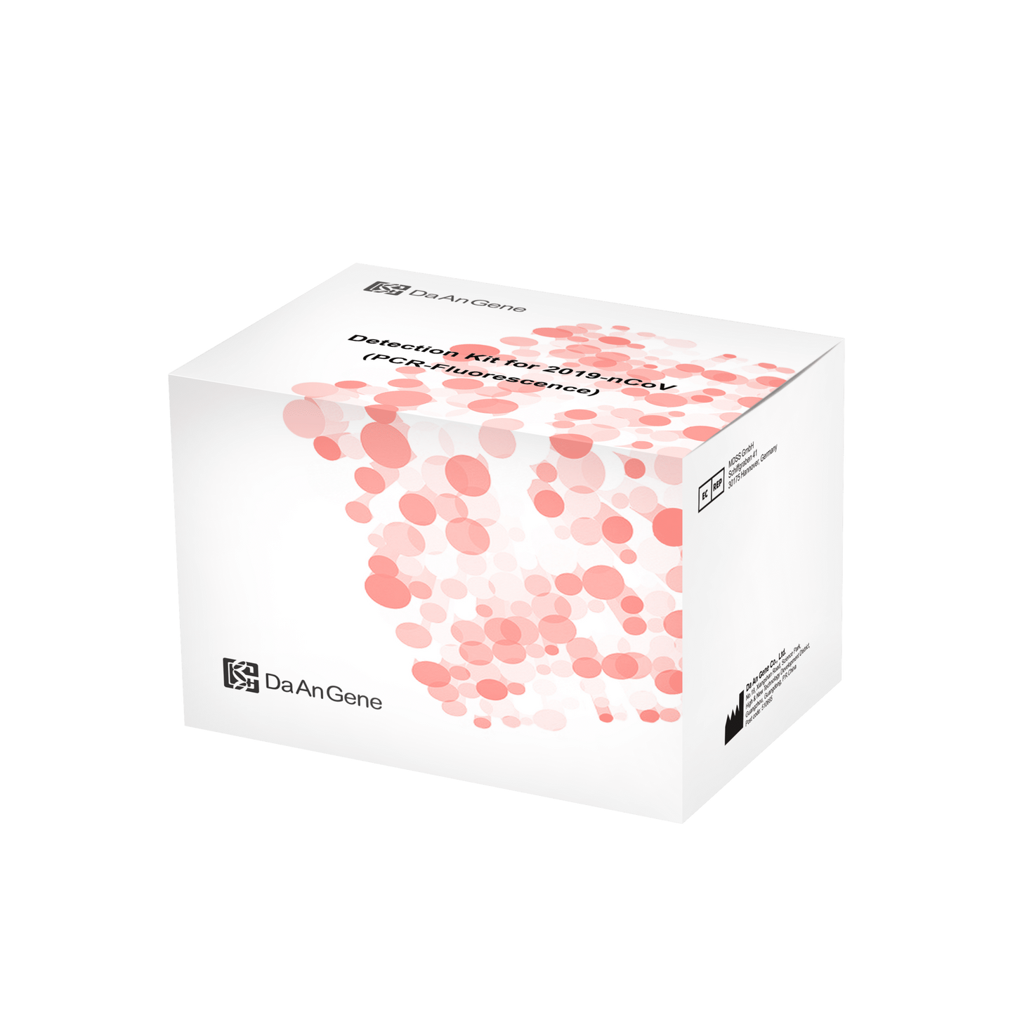 Sobre um fundo verde, há uma caixa de embalagem branca para o "Kit de Diagnóstico Genético DaAn para 2019-ncov (PCR-Fluorescência)" com 96 testes, adornada com a inscrição "Altruan".