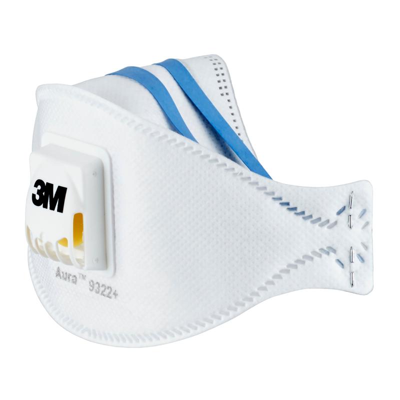 A 3M™ Aura™ Comfort Cool Flow™ Máscara de Partículas 9322+, FFP2, da 3M Deutschland GmbH é uma máscara respiratória branca descartável com uma faixa azul e uma válvula de exalação na frente, representada em um fundo de cor sólida.