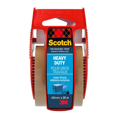 Uma rolo de fita adesiva de embalagem extra forte Scotch® da 3M Deutschland GmbH, castanho, 48 mm x 20,3 m, vem num dispensador vermelho, com adesão reforçada e rotulagem bilíngue em inglês/francês.