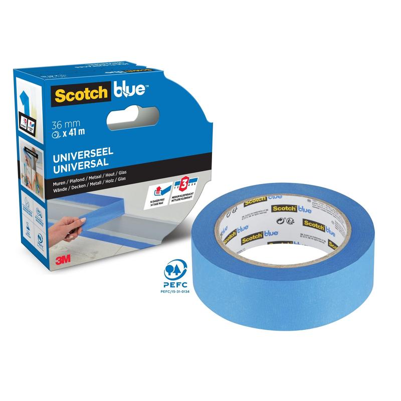Um rolo de fita de mascaramento ScotchBlue™ "Multi-Surface" da 3M Deutschland GmbH está em uma embalagem azul e preta com o logotipo da 3M, uma largura de fita de 36 mm e indicação de adequação para várias superfícies.