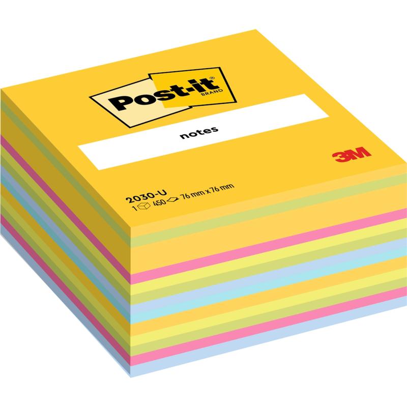 Um cubo de notas adesivas Post-it®, cores ultra (76x76 mm, 450 folhas, 1 bloco), da 3M Deutschland GmbH, tem uma capa amarela com o logotipo Post-it - ideal como bloco de notas colorido. 100% certificado PEFC (SGSCH-PEFC-COC-110078).