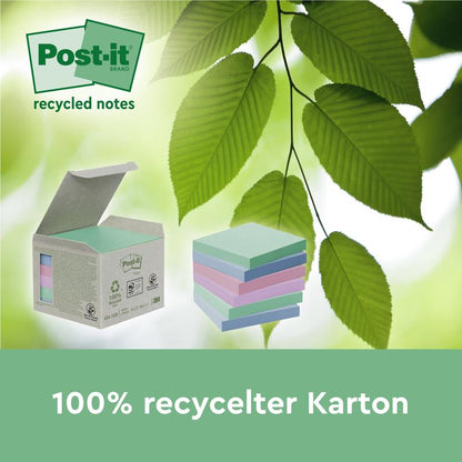Uma caixa aberta com notas de Post-it® Recycling em cores pastel (38 mm x 51 mm, 100 folhas/bloco, 100% PEFC) da 3M Deutschland GmbH está ao lado de notas empilhadas, atrás das quais há folhas verdes. Texto: "100% cartão reciclado" e "notas recicladas".