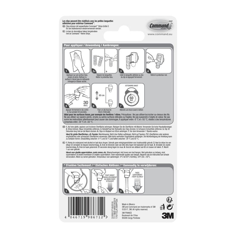 Na parte de trás dos clipes de luzes externas Command™, 17017CLR-AWPU (8 clipes + 10 tiras) da 3M Deutschland GmbH, há instruções em francês e diagramas para aplicação e remoção seguras, ideal para iluminação exterior com clipes resistentes às intempéries.